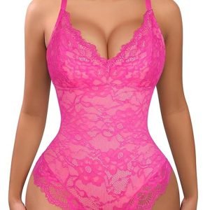 FeelinGirl Shapewear Bodysuits for Women Lace Shapewear Tummy Control V-Neck Sleeveless Bodysuit Tops Jumpsuit