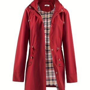 [Drawstring Waist Hooded Coat] Drawstring Waist Hooded Zip Up Coat, Casual Long Sleeve Coat for Fall & Winter, Women's Clothing