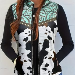 Targeted Development, New Abstract Cow Print Pocket Zipper Casual Versatile Vest Women'S Fall Winter