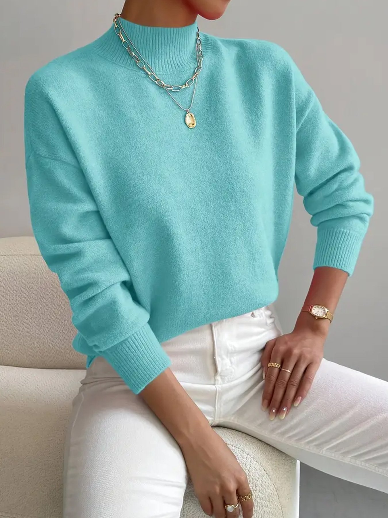 Women's Simple Solid Color High Neck Sweater - Elegant Base Layer