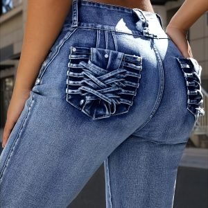Fashion Wash Blue Front Row Button Pocket Folding Decoration High Waist Stretch Slim Hip Lifting Women Casual Tight Jeans