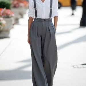 Suspender Pants - Classic Gray High-Waisted Wide-Leg Suspender Casual Pants - Versatile, Artistic, Urban, Fashionable, Daily Commute, Generous, Formal, Multi-Occasion Wear - Long Pants [ZLLZ]
