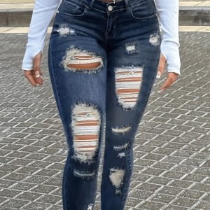 Women's Distressed Skinny Jeans: Mid-Rise Stretch Denim with Vintage Wash, Edgy Style for All-Season Wear