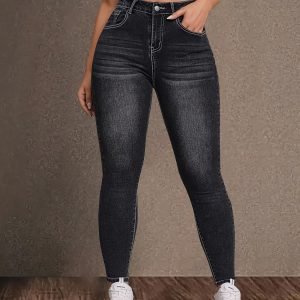 Plus Size High-Waist Skinny Jeans for Women | Black Color Plain Denim with Embroidered Back Pockets | Stretchy Cotton | Retro Style | Machine Washable | All-Season Versatile Fashion |