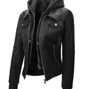 Women's Hooded PU Leather Jacket, Classic Slim-Fit Biker Style with Detachable Hood, Full-Zip PU Leather Coat with Multiple Pockets, Warm Windproof Outerwear for Spring, Fall & Winter Casual & Daily Outfits