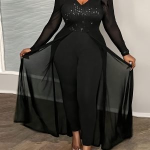 Plus Size Mesh Patchwork Sequin Jumpsuit - Glamorous Evening Party Romper