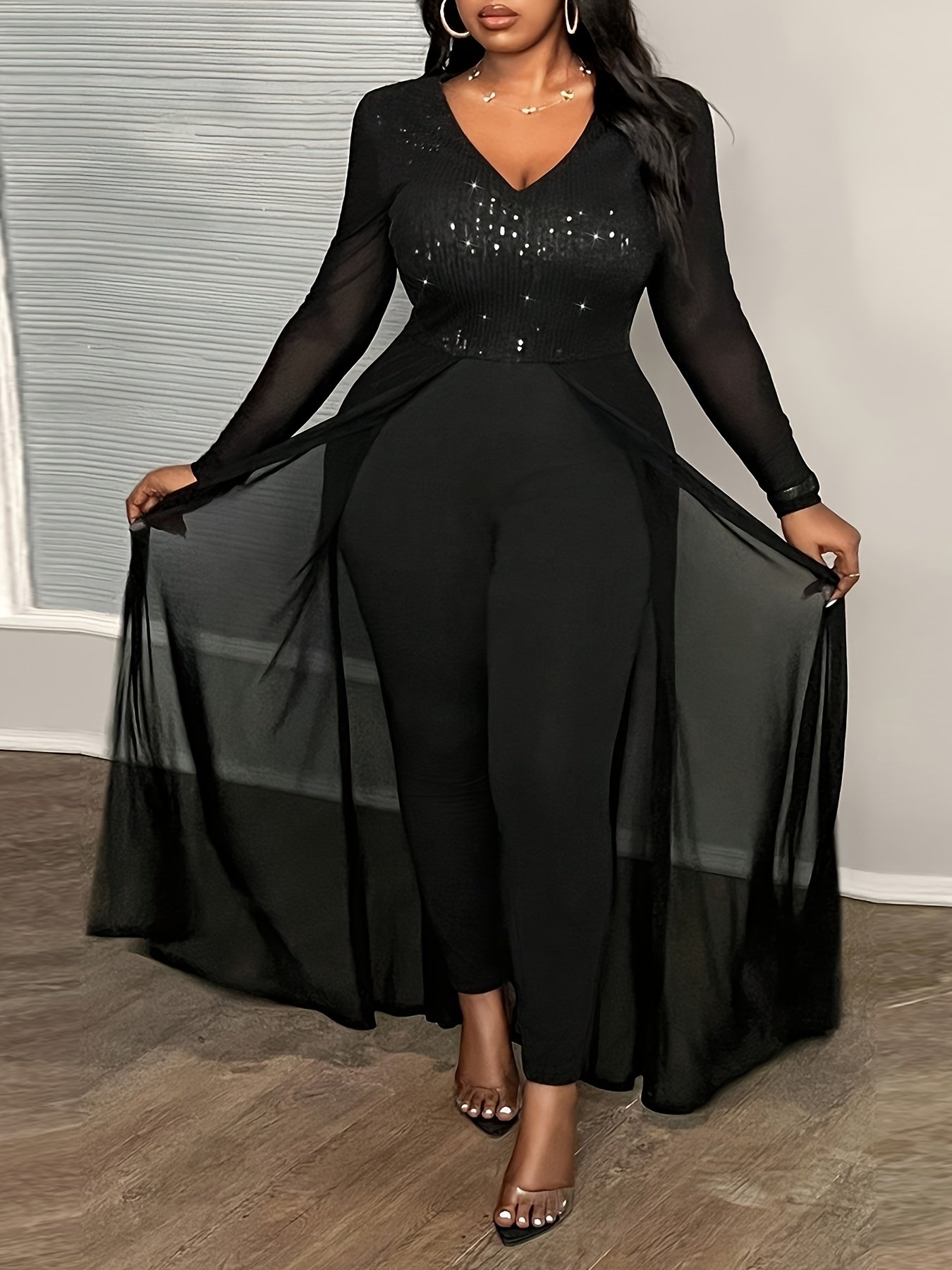 Plus Size Mesh Patchwork Sequin Jumpsuit View
