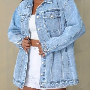 Plus Size Denim Jacket | Solid Color Collared Button-Front - Women's Mature Stylish Street Casual Style Loose Fit Daily Comfortable Autumn Winter Plus Size Denim Top