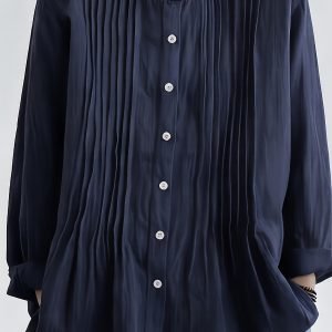 Vintage Pleated Linen Blouse - Loose Long Sleeve Stand Collar Top