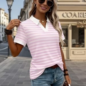 Women's Striped V-Neck Summer Polo Shirt