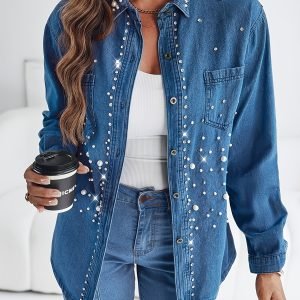Women's Denim Jacket Pearl And Diamond Decorated Standard Size Spring/Summer 2026 Fashionable And Elegant Niche Denim Top Simple And Versatile Women's Wear