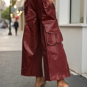 Fashion Women'S High Waist Faux Leather Wide Leg Pants, Multi-Pocket Design Work Pants Casual Loose Wide Leg Pants