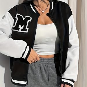 Women's Elegant Striped Black & White Bomber Jacket with Embroidered Letters - Stand Collar Zip-Up Outerwear, Drop Shoulder Casual Winter Coat, Durable Fall/Spring Layering Piece (Machine Washable)