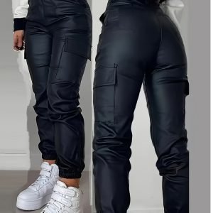 Plus Size - Plus Size - Plus Size Women'S Black Stretch Faux Leather Pants - High Waist Slim Fit PU Trousers, Casual Chic Faux Leather Pants for All Seasons