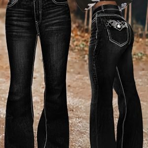 High-Waisted Slim-Fit Bootcut Jeans for Women in Black Washed Denim, Featuring Geometric Embroidery on Faux Flap Back Pockets, with a Retro Minimalist Style Suitable for Any Season