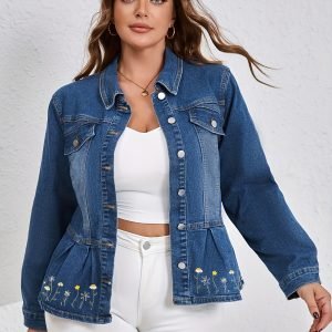 Women' Size Embroidered Stretch Denim Jacket | Button Front Long Sleeve Cinched Waist Jean Jacket with -Neck & -Collar Suitable for Spring and Autumn - Machine Washable Casual Outerwear