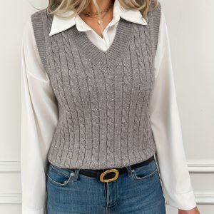 Solid Color Women's French Vintage Sweater Vest - V-Neck Long Sleeve Layering Piece, Soft Warm Sweater for Fall/Winter, Elegant Cardigan for Casual, Office, Party, Everyday Outfits - Non-Stretchy Sweater Vest for Women