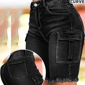 Plus Size Women's Black Denim Knee Length Shorts, High Waist Stretch Slim Fit, Side Flap Pockets, Frayed Hem, Casual Daily Wear, Machine Washable, Spring Summer Wear