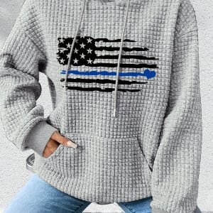 American Flag Graphic Print Waffle Hoodie - Women's Cozy Kangaroo Pocket Sweatshirt | Casual Pullover with Drawstring Hood for Fall & Winter - Textured Fabric, Machine Washable