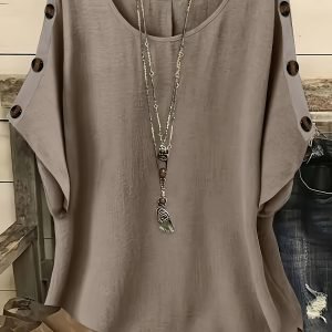 Plus Size Elegant Short Sleeve Shirt - Solid Color Button-Decorated Top