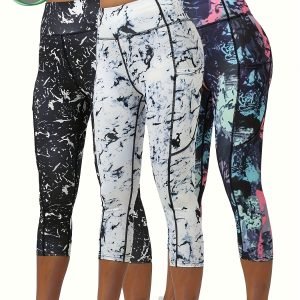 Three-Pack Women's Capri Sports Leggings High-Waisted with Pockets and Tummy Control Autumn-Winter Marble Tie-Dye Yoga Leggings for Body Shaping and Line Optimization
