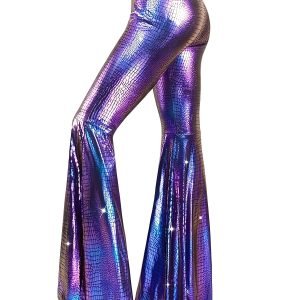 Golden Plus Size, Women's Plus Size High-Waisted Shiny Sequin Flared Bell-Bottom Pants with Gradient Color & Ruffled Hem - Elegant Nightclub Outfits, Party & Evening Trousers, Hand Washable All-Season Stretch Fabric