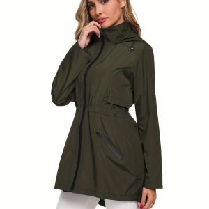 Womens Long Raincoat With Hood Zip Up Lightweight Outdoor Windbreaker Rain Jacket