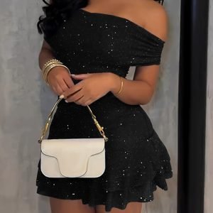 Deep Blue Shimmering Scattered Silver One-Shoulder Waist-Cinching Short Ruffled Little Dress