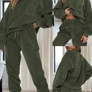 Women's Fashion Casual Two-Piece Set - Solid Color Round Neck Long Sleeve Top and Drawstring Pants