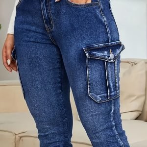 Versatile Plus Size Denim Cargo Pants - Blue Multi-Pocket Street Style
