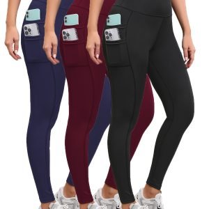 Three-Pack Double-Layer Pocket Leggings, with Compartments for Organizing Items, Quick-Drying Base Layer with a Skin-Like Feel, High-Stretch High-Waist, Breathable and Non-See-Through, Elastic Polyester Blend, Machine Washable, Ideal for Gym