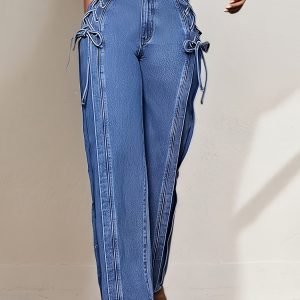 Wide-Leg Straight Jeans for Women Featuring a Side Tie-Up Bow Design, Mid-Rise Relaxed Fit, Ideal for Casual Streetwear, Vacations, Work, And Daily Use, with a Y2K Retro Vibe