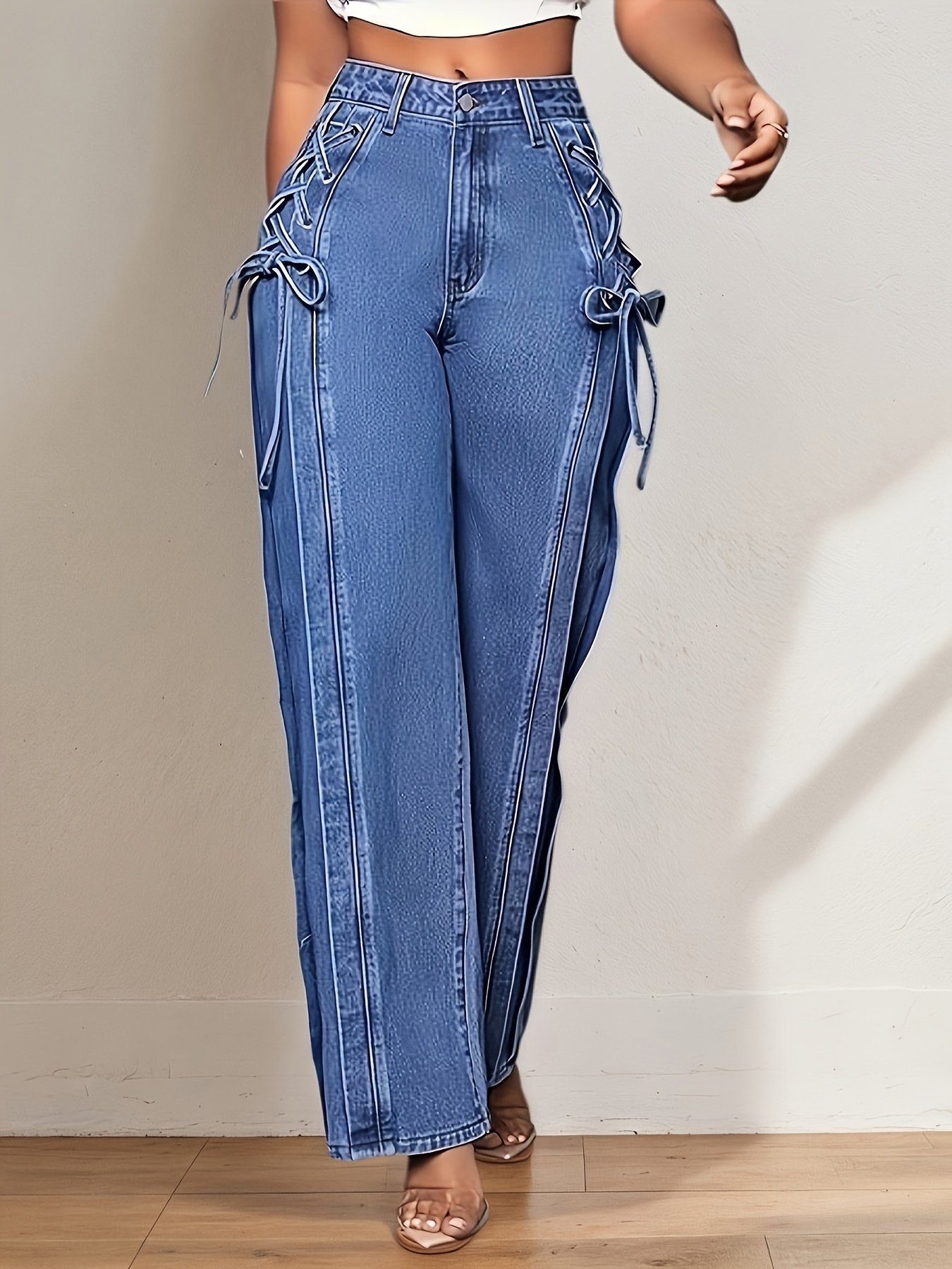 Wide-Leg Straight Jeans with Side Tie-Up Bow
