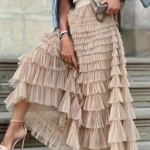 Elegant Mesh Tiered Cake Skirt - Elastic Waist Maxi Style