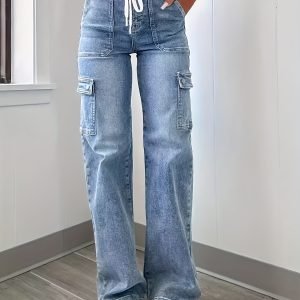 Women's Casual Fashion Denim Fabric Sweatpants Jeans - 2025 New Style Straight-leg with Laces and Multiple Pockets, Fit Womenswear