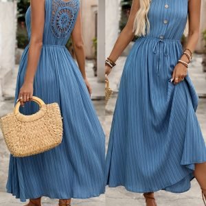 Elegant Sleeveless Lace Mesh Midi Dress - Casual Summer Style