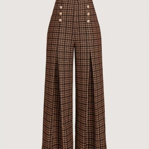 [Plus Size Wide-Leg Pants] Plus Size - Plus Size - Plus Size Elegant Casual Brown Wide-Leg Pants - with Button Detail • Brown Long Trousers for Autumn Casual Wear