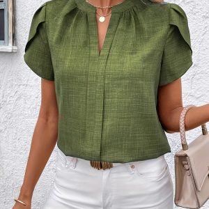 Blusa de Manga Pétala e Decote V - Estilo Casual Chic 2026