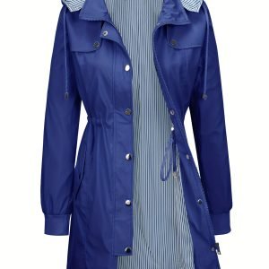 Women'S Lightweight Hooded Raincoat, Casual Solid Color Side Pocket Mid-Length Trench Coat with Adjustable Waist Tie, Removable Hood Design, Zipper And Button Closure, Ribbed Cuffs, Suitable for Spring And Autumn Seasons, Women'S Clothing