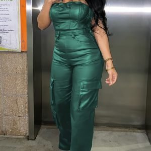 Women'S Sexy Strapless Slim Faux Leather Jumpsuit Multi-Pocket Cargo Jumpsuit Rompers