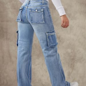 Women's High-Waisted Denim Cargo Trousers - Faded Blue Streetwear