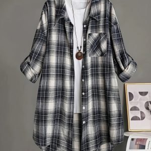 Plus Size - Plus Size - Classic Tartan Check Shirt, Mid-Length/Spring/Autumn Style/Women'S Clothing