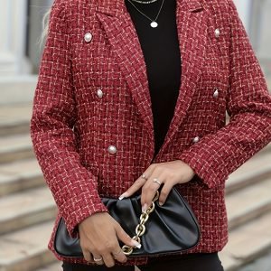 Plus Size - Plus Size - Romantic Tweed Double-Breasted Plus Size Blazer with Pearl Buttons, Exuding Elegance