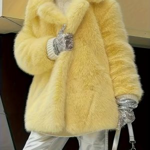 Autumn/Winter New Long-Sleeve Plush Women's Warm Faux Coat, Light Luxury High-End Fashion Light Yellow Skin-Friendly Soft Comfortable Open Front Solid Color Short Jacket