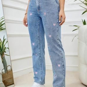 Plus Size High Waisted Slim-Fit Jeans for Women - Washed Blue Denim with Pink Heart Embroidery, American Retro Mature Preppy Style, Suitable for Dates, Commute & All Seasons