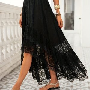 Lace Asymmetrical Midi Skirt - Elegant High-Waisted Design