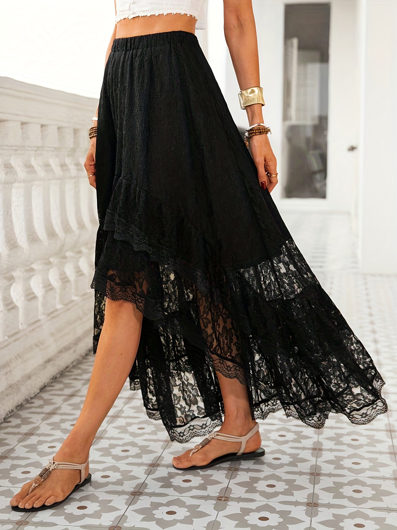 Lace Asymmetrical Midi Skirt