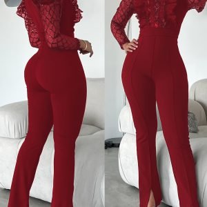 [Beaded Mesh Jumpsuit] Black Long-sleeve Bodycon Jumpsuit - Beaded Mesh Lace Design with Slit at the Hem