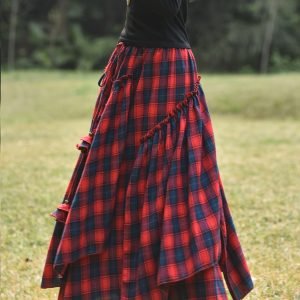 Vintage Plaid Tiered Maxi Skirt - Elegant Asymmetrical Style