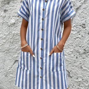 [Long Striped Shirt Dress] Elegant Long Striped Shirt Dress